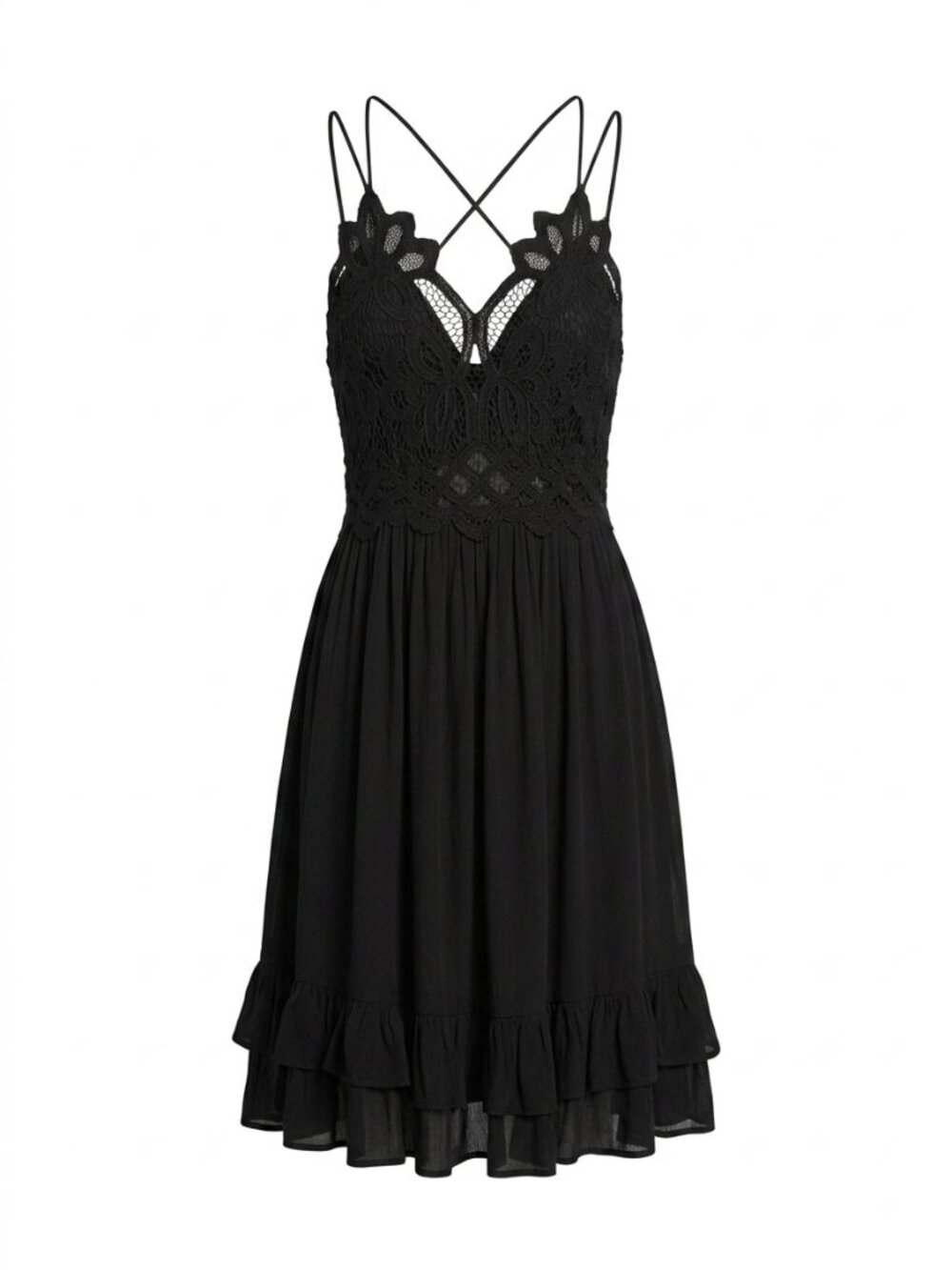 FP One Free People Black Crochet Lace Ruffle Mini Dress